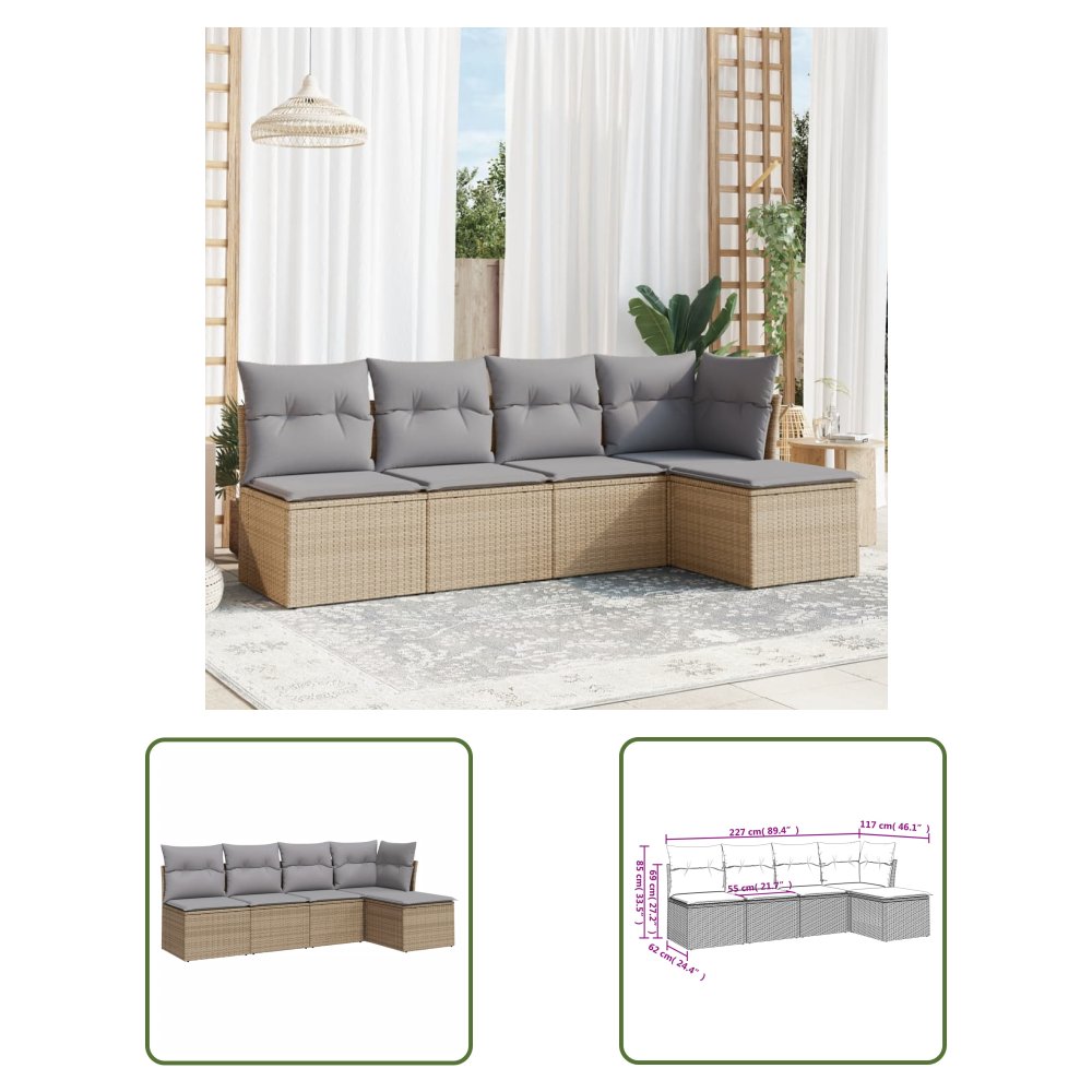 The Living Store 5-cz. zestaw mebli ogrodowych z poduszkami - beżowy - polirattan - Sofa Ogrodowa