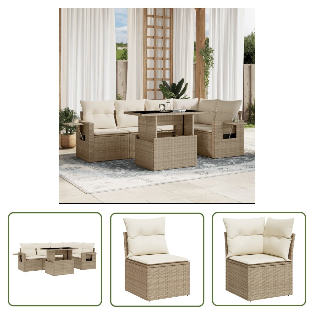The Living Store 6-cz. zestaw mebli ogrodowych z poduszkami - beżowy - polirattan - Sofa Ogrodowa