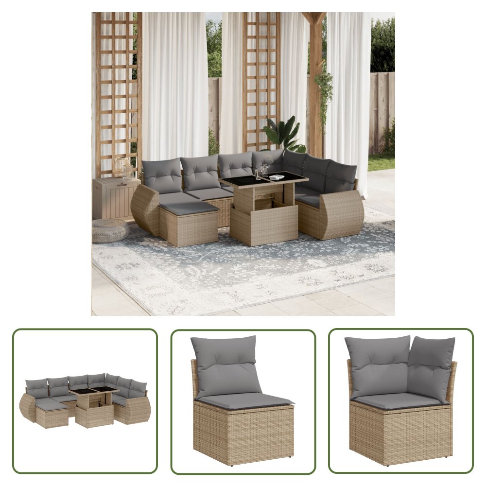 The Living Store 8-cz. zestaw mebli ogrodowych z poduszkami - beżowy - polirattan - Sofa Ogrodowa