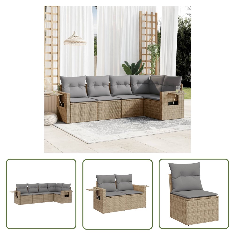 The Living Store 5-cz. zestaw mebli ogrodowych z poduszkami - beżowy - polirattan - Sofa Ogrodowa