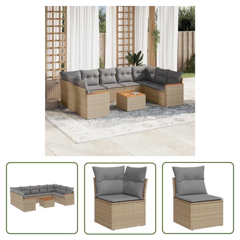 The Living Store 10-cz. zestaw mebli ogrodowych z poduszkami - mieszany beż - Sofa Ogrodowa