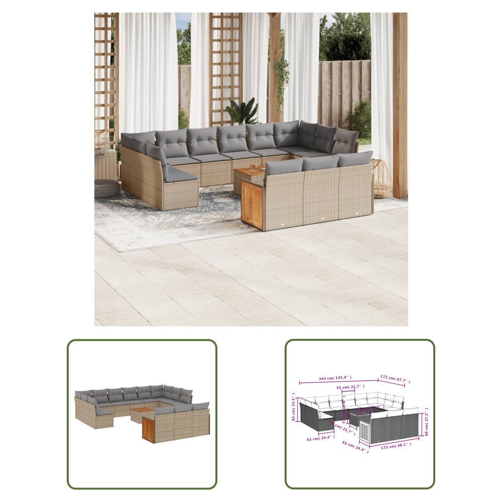 The Living Store 14-cz. zestaw mebli ogrodowych z poduszkami - beżowy - polirattan - Sofa Ogrodowa