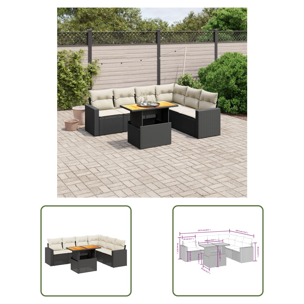 The Living Store 7-cz. zestaw wypoczynkowy do ogrodu - z poduszkami - czarny - Sofa Ogrodowa