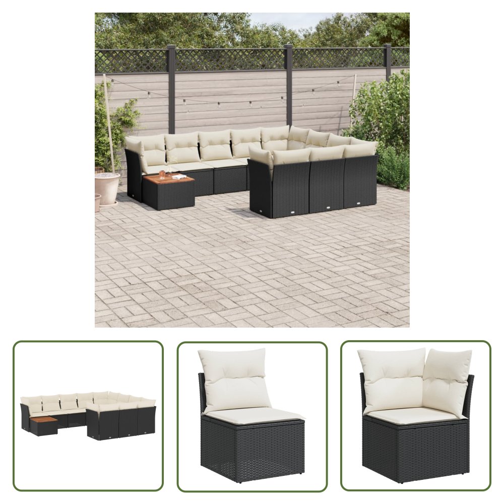 The Living Store 11-cz. zestaw wypoczynkowy do ogrodu - poduszki czarny rattan PE - Sofa Ogrodowa