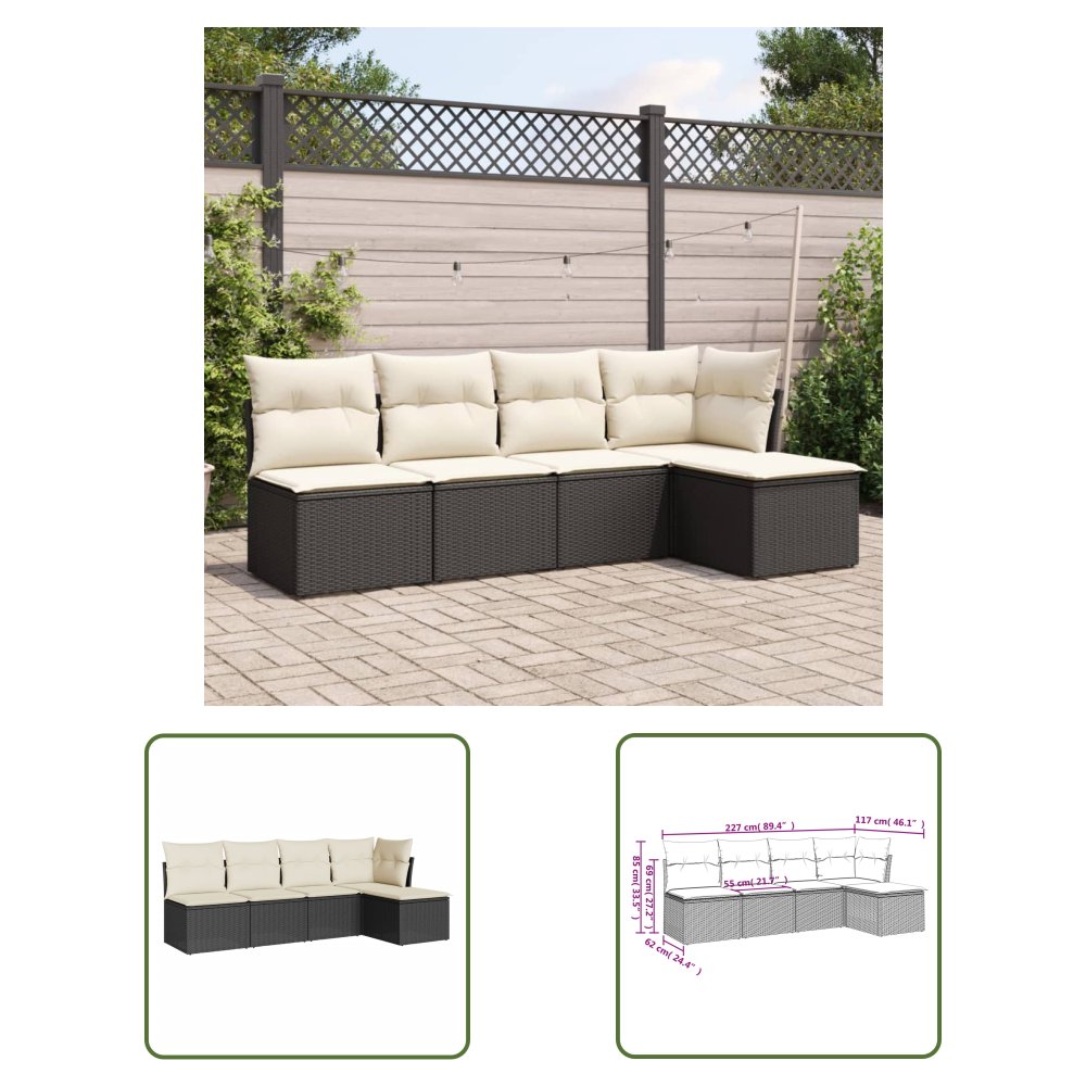 The Living Store 5-cz. zestaw wypoczynkowy do ogrodu - poduszki - czarny rattan PE - Sofa Ogrodowa
