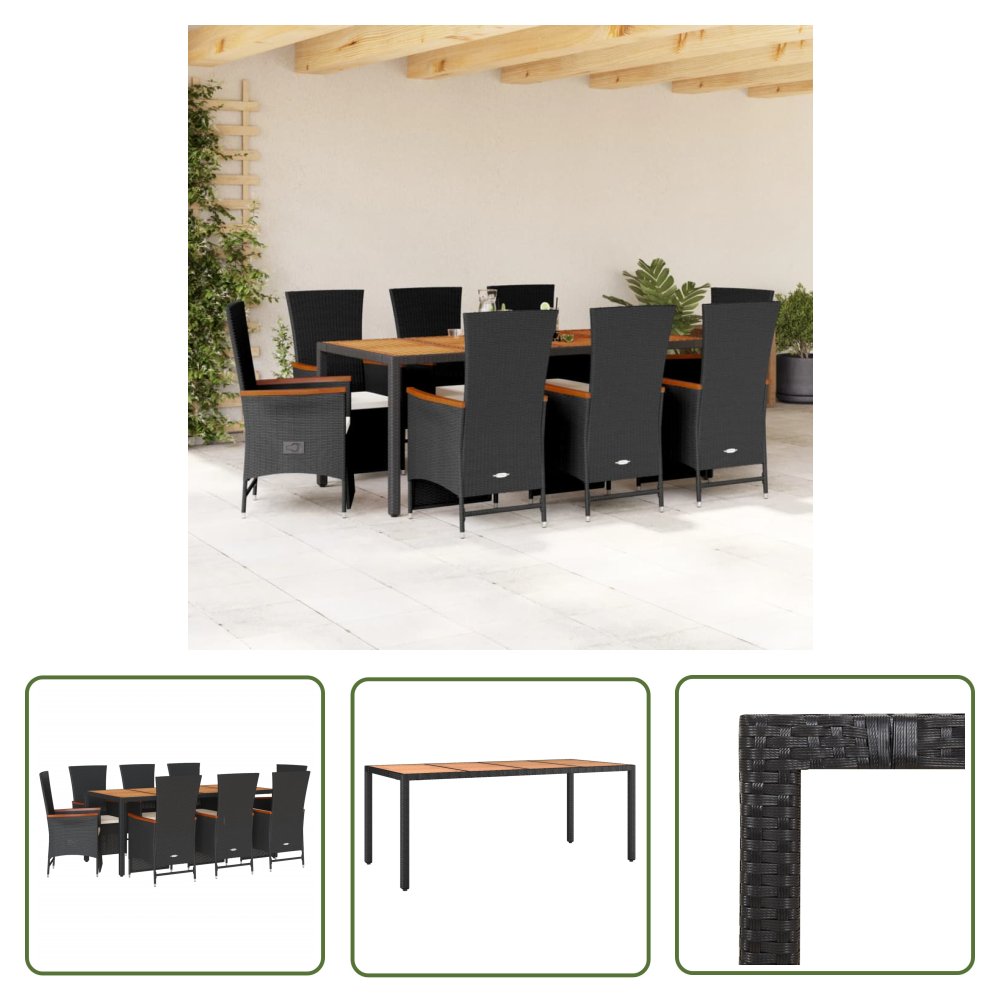 The Living Store 9-cz. zestaw mebli ogrodowych z poduszkami - czarny - rattan PE - Meble Ogrodowe