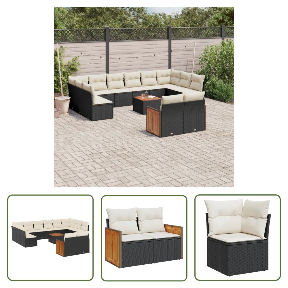 The Living Store 13-cz. zestaw mebli do ogrodu - poduszki - czarny - rattan PE - Sofa Ogrodowa