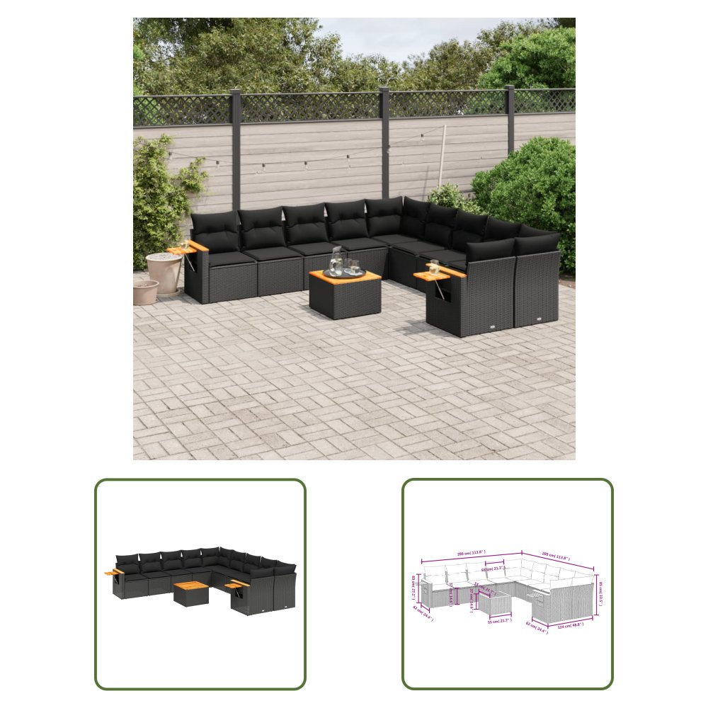 The Living Store 11-cz. zestaw wypoczynkowy do ogrodu - poduszki czarny rattan PE - Sofa Ogrodowa