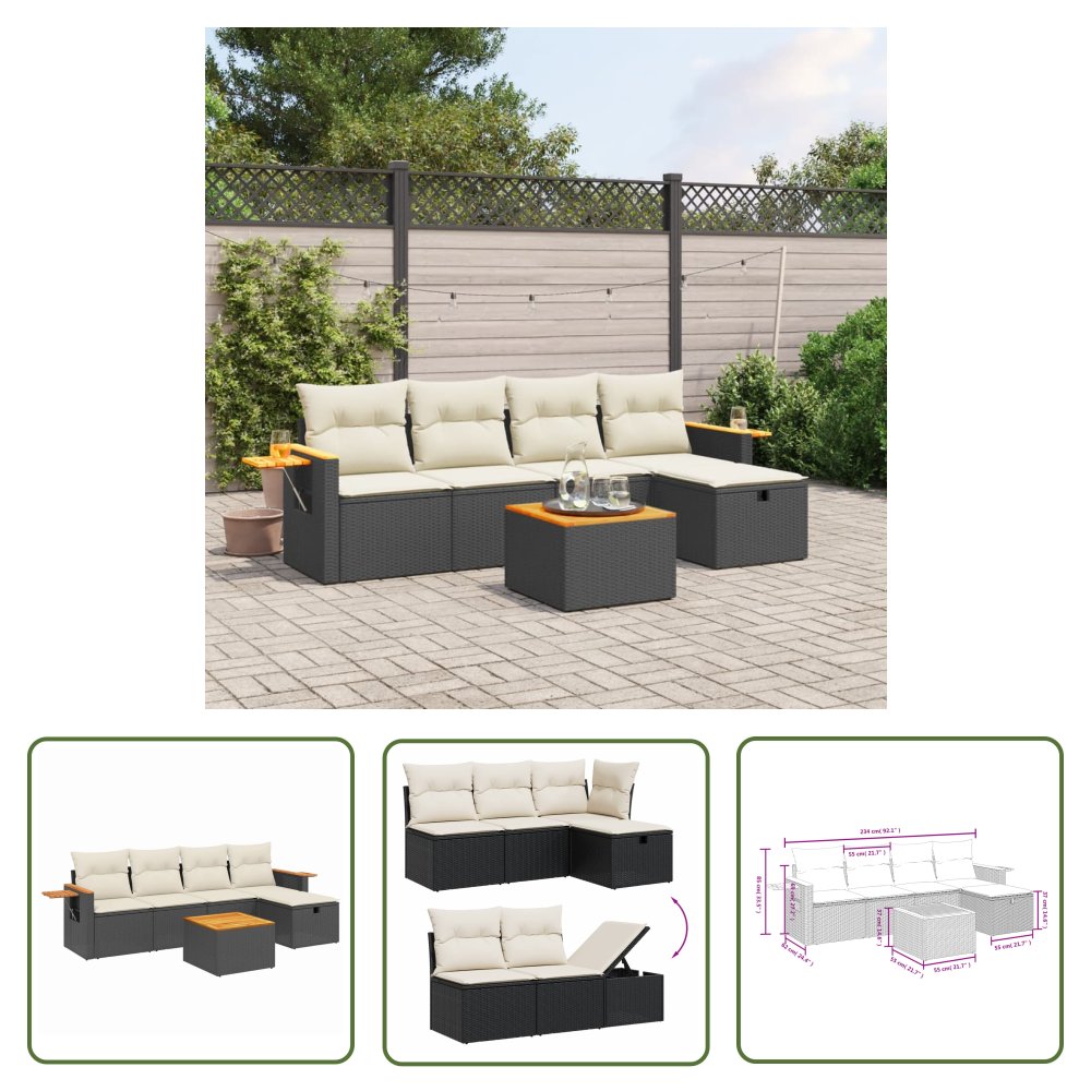 The Living Store 6-cz. zestaw mebli ogrodowych z poduszkami - czarny polirattan - Sofa Ogrodowa