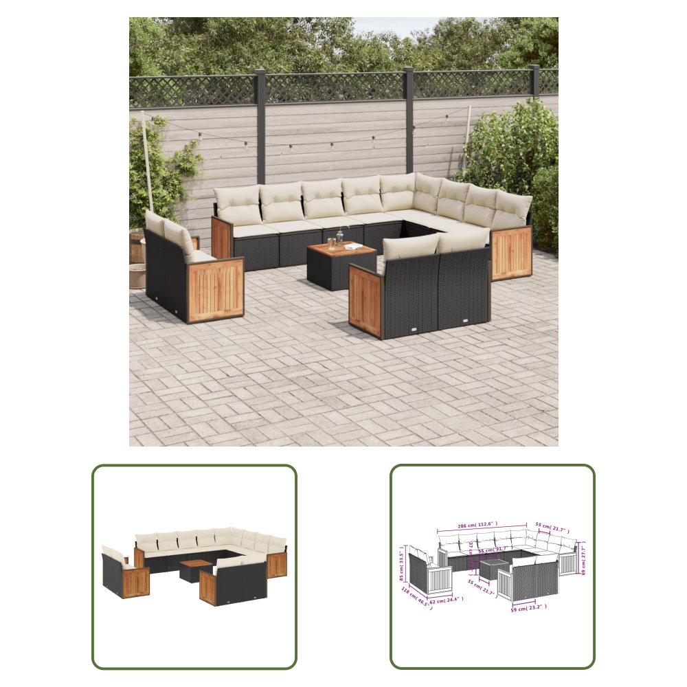 The Living Store 13-cz. zestaw mebli do ogrodu - poduszki - czarny - rattan PE - Sofa Ogrodowa