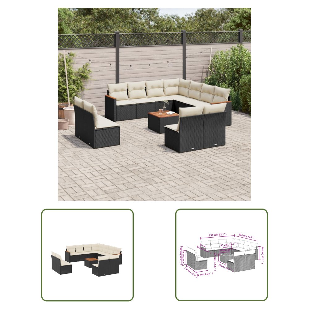 The Living Store 12-cz. zestaw mebli do ogrodu - z poduszkami - czarny - polirattan - Sofa Ogrodowa