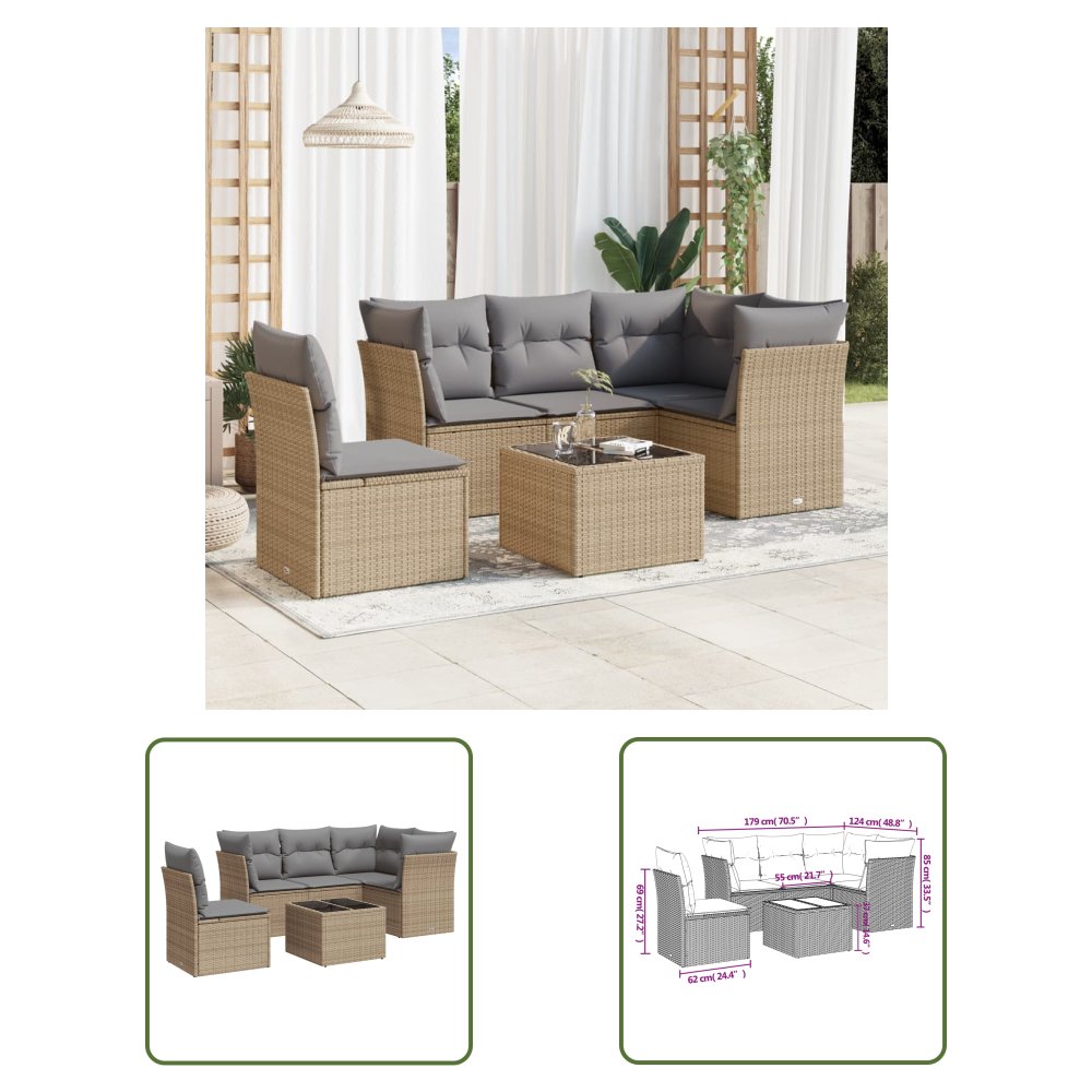 The Living Store 6-cz. zestaw mebli ogrodowych z poduszkami - beżowy - polirattan - Sofa Ogrodowa