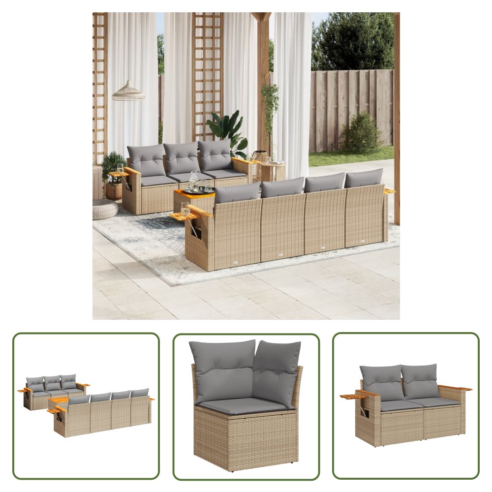 The Living Store 8-cz. zestaw mebli ogrodowych z poduszkami - beżowy - polirattan - Sofa Ogrodowa