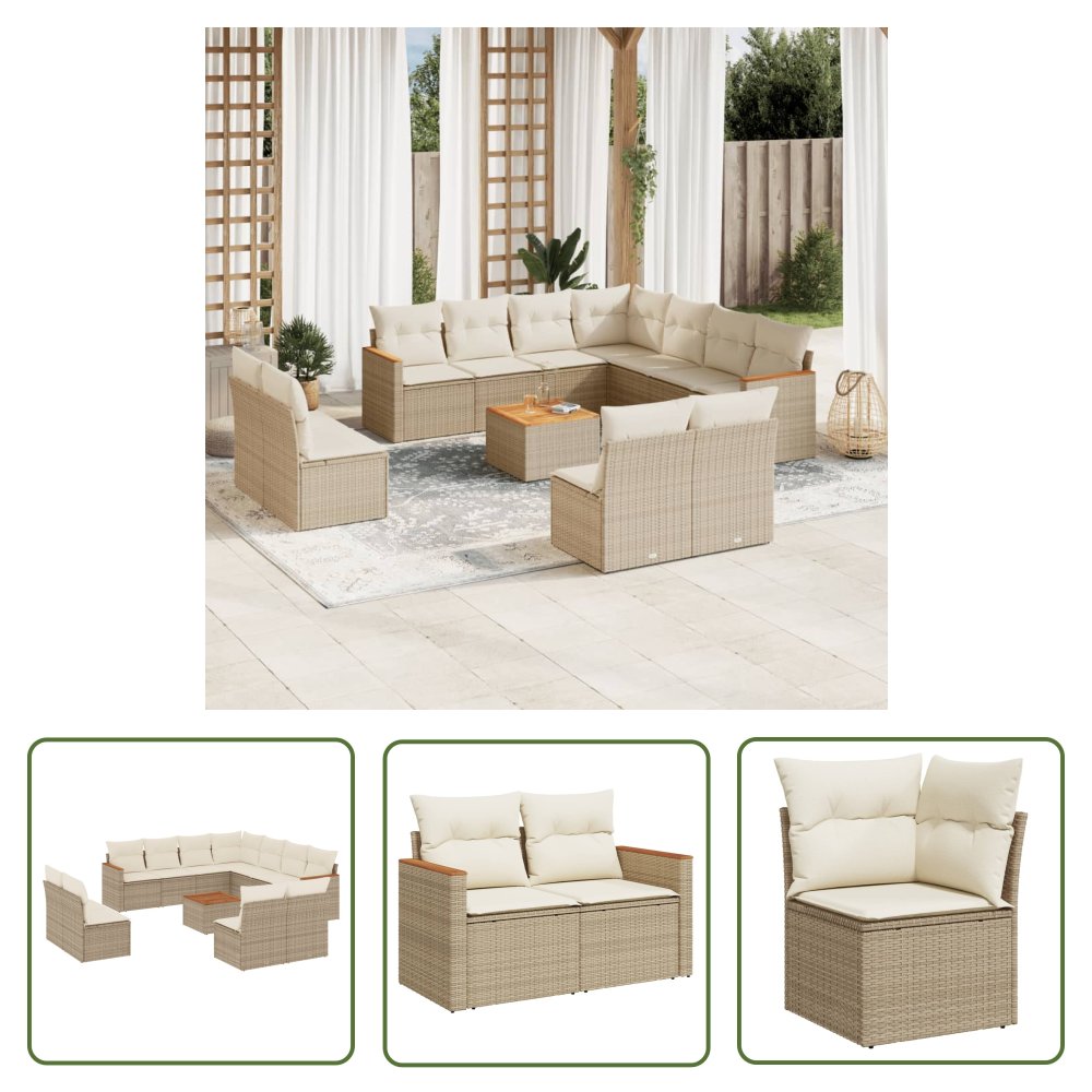 The Living Store 12-cz. zestaw mebli ogrodowych z poduszkami - beżowy - polirattan - Sofa Ogrodowa