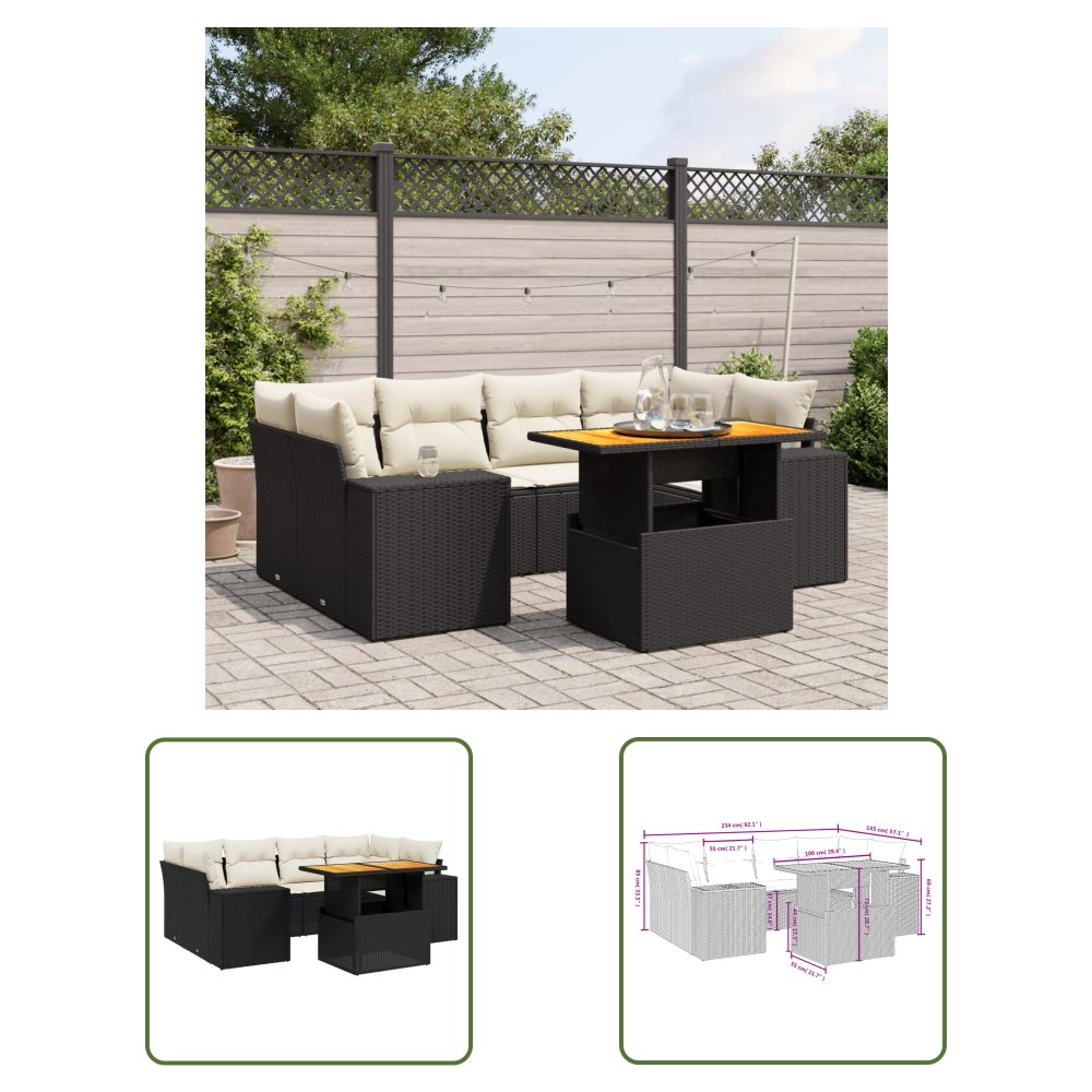 The Living Store 7-cz. zestaw wypoczynkowy do ogrodu - z poduszkami - czarny - Sofa Ogrodowa