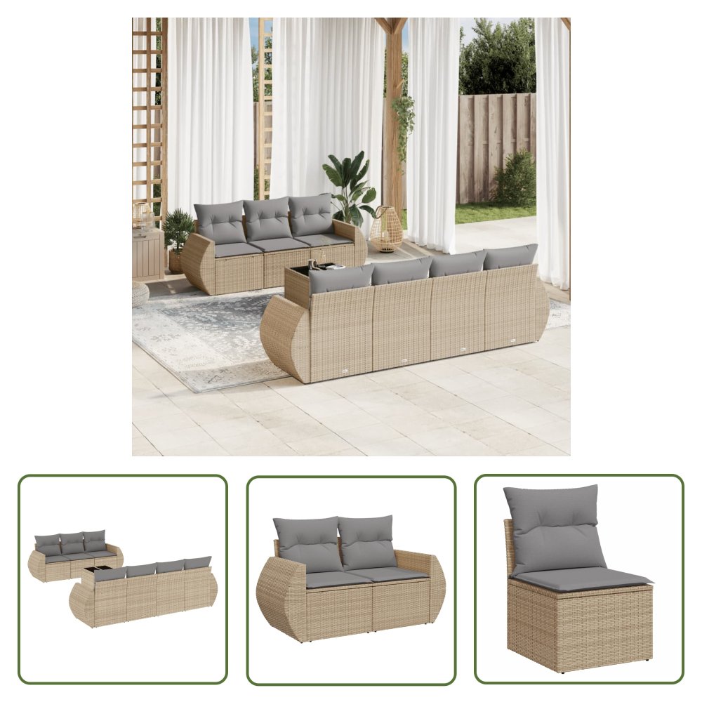 The Living Store 8-cz. zestaw mebli ogrodowych z poduszkami - beżowy - polirattan - Sofa Ogrodowa