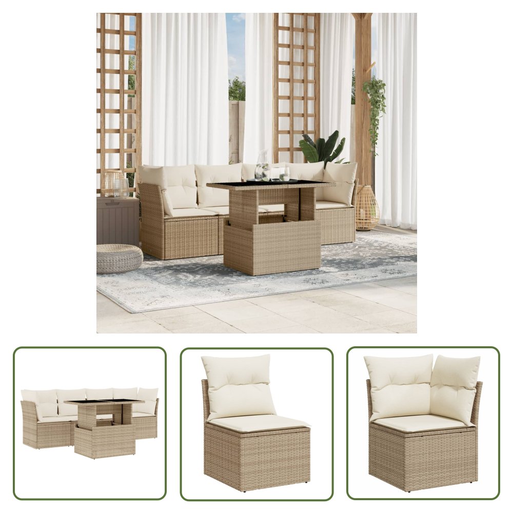 The Living Store 5-cz. zestaw mebli ogrodowych z poduszkami - beżowy - polirattan - Sofa Ogrodowa
