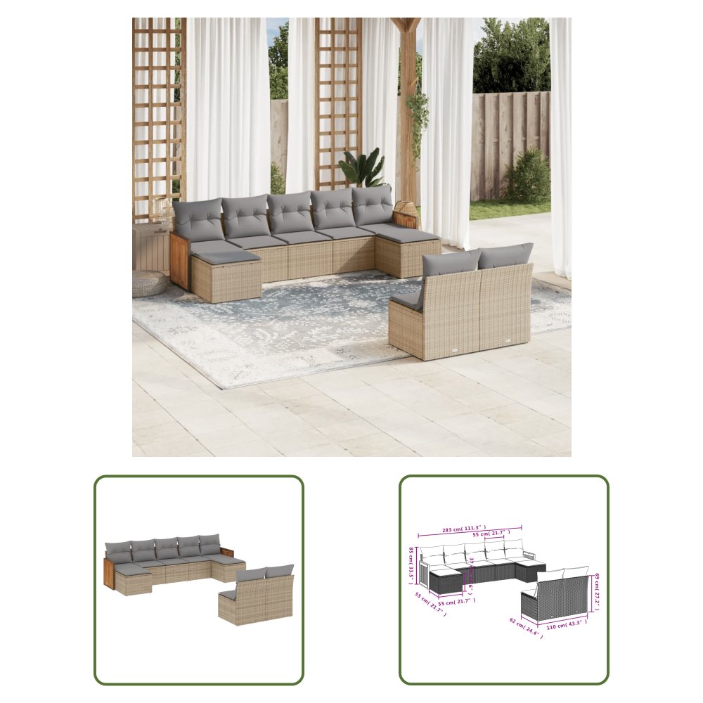 The Living Store 9-cz. zestaw mebli ogrodowych z poduszkami - beżowy - polirattan - Sofa Ogrodowa