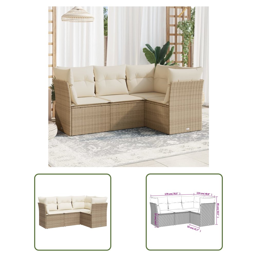 The Living Store 4-cz. zestaw mebli ogrodowych z poduszkami - beżowy - polirattan - Sofa Ogrodowa
