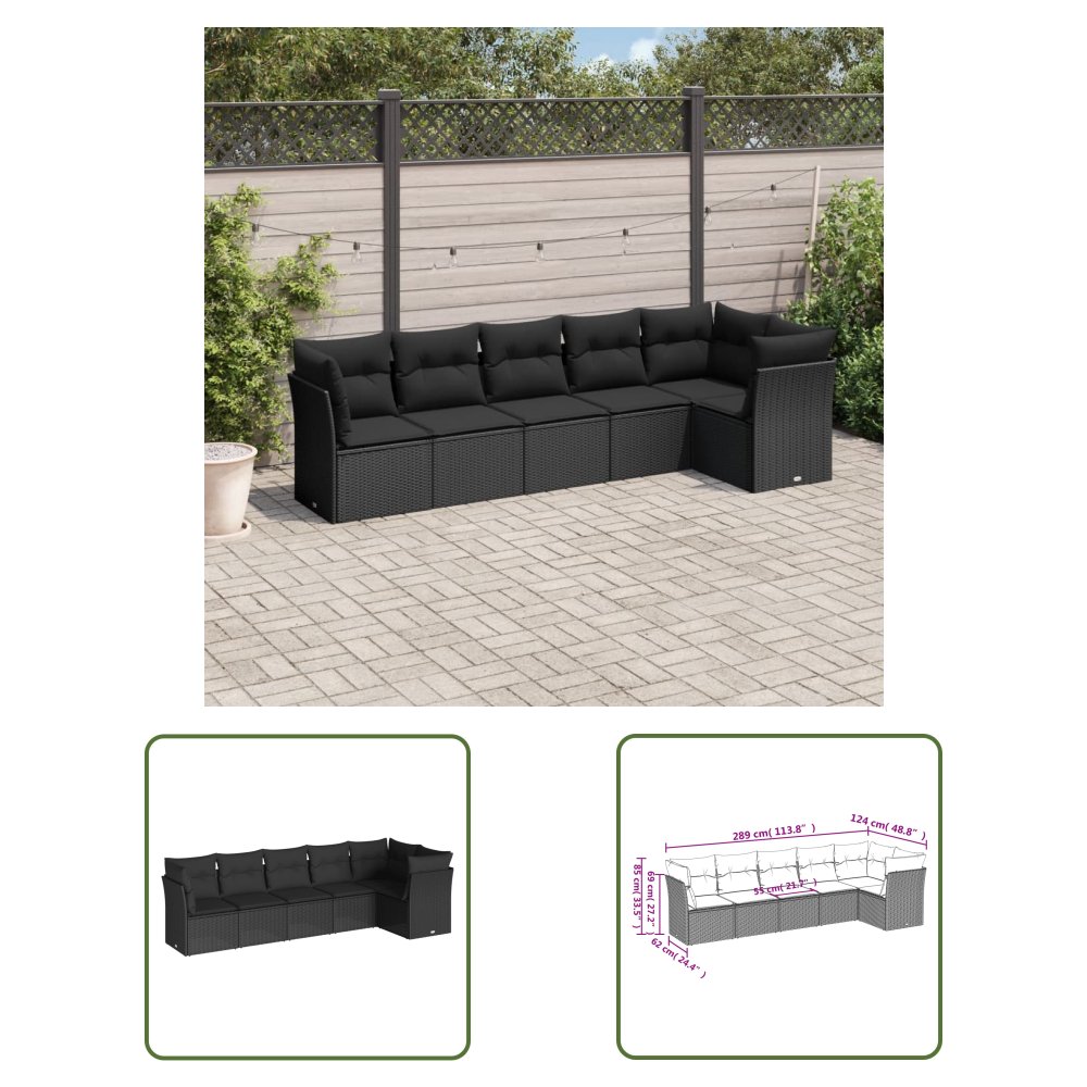 The Living Store 6-cz. zestaw mebli ogrodowych z poduszkami - czarny polirattan - Sofa Ogrodowa
