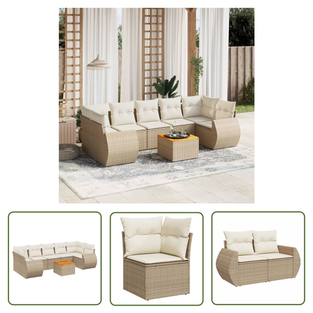 The Living Store 8-cz. zestaw mebli ogrodowych z poduszkami - beżowy - polirattan - Sofa Ogrodowa