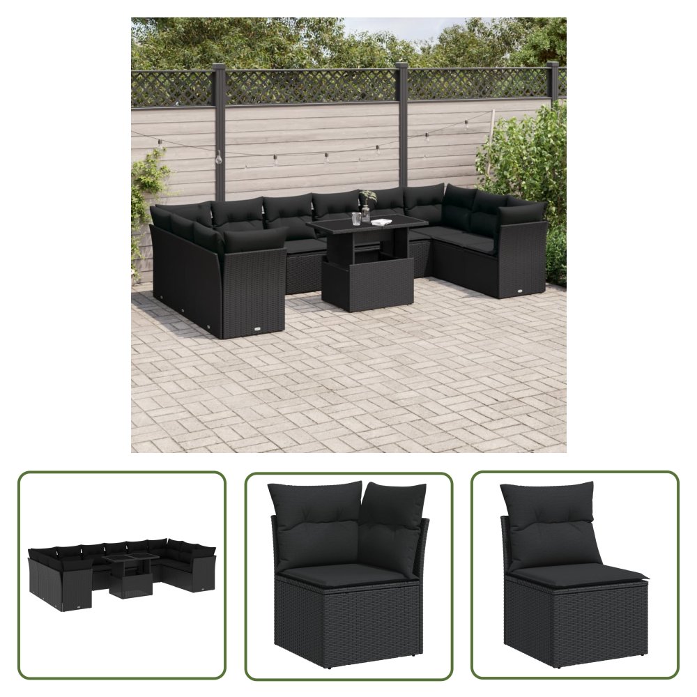 The Living Store 11-cz. zestaw wypoczynkowy do ogrodu - poduszki czarny rattan PE - Sofa Ogrodowa