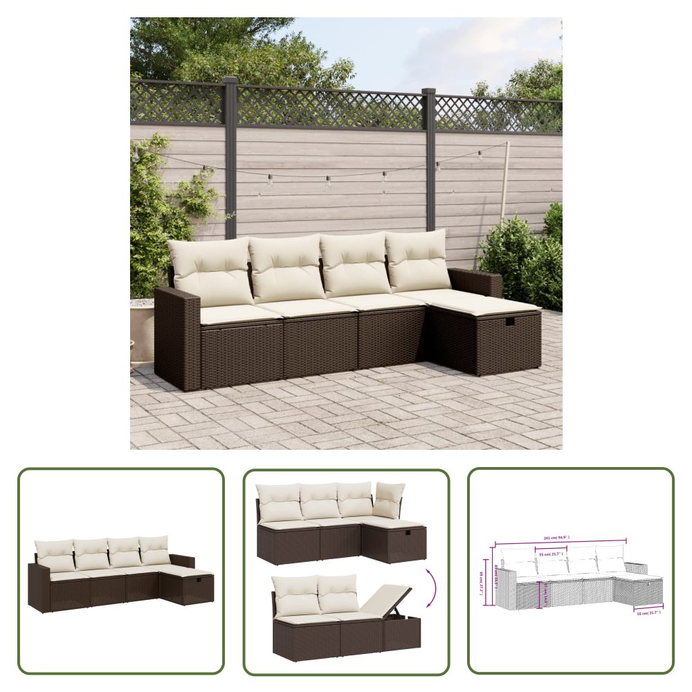 The Living Store 5-cz. zestaw mebli ogrodowych z poduszkami - brązowy - polirattan - Sofa Ogrodowa
