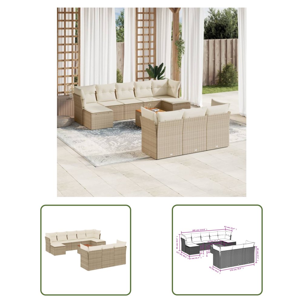 The Living Store 11-cz. zestaw mebli ogrodowych z poduszkami - beżowy - polirattan - Sofa Ogrodowa