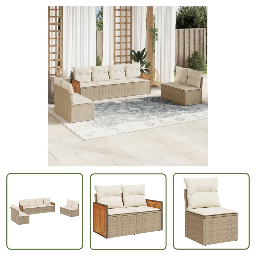 The Living Store 8-cz. zestaw mebli ogrodowych z poduszkami - beżowy - polirattan - Sofa Ogrodowa