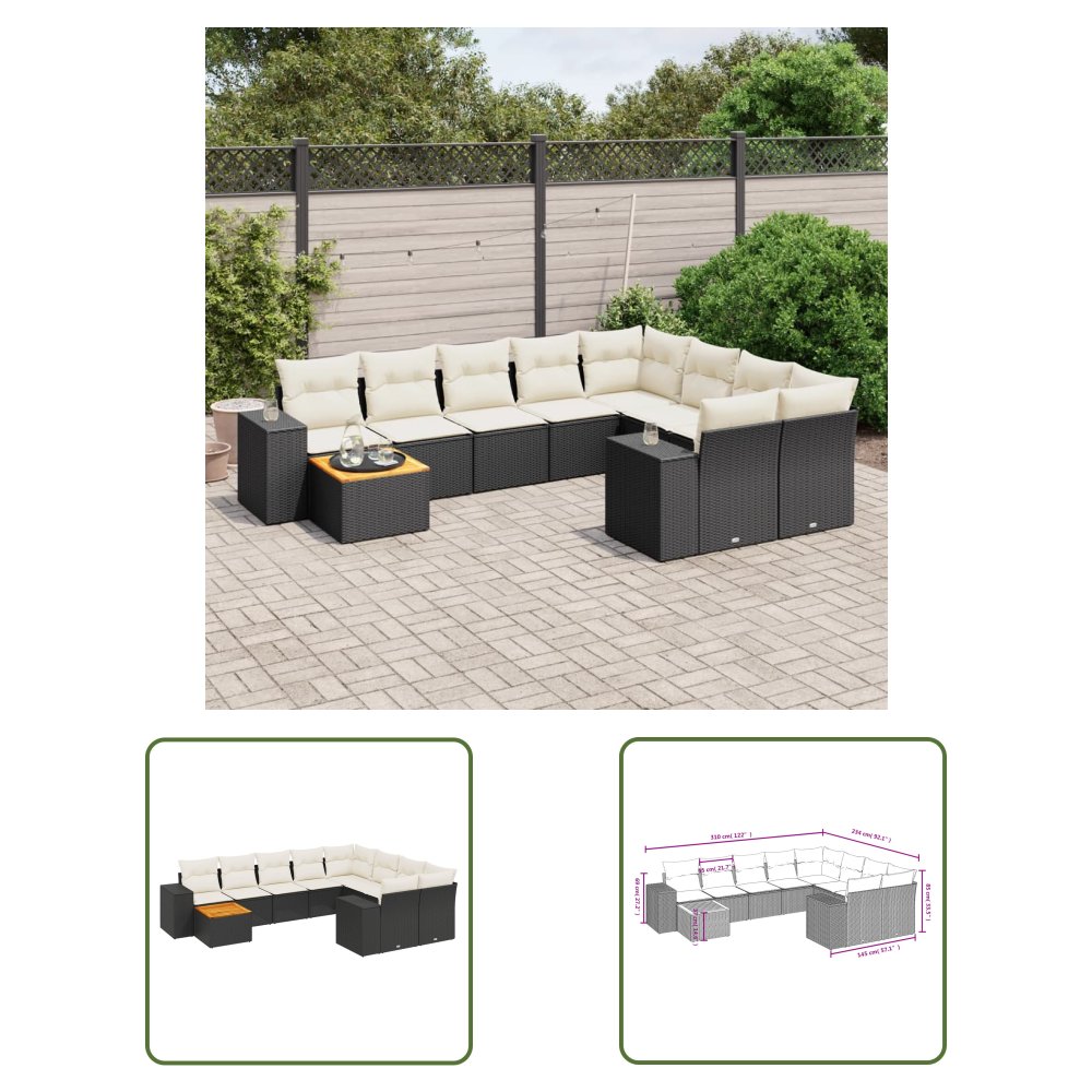 The Living Store 10-cz. zestaw wypoczynkowy do ogrodu - poduszki czarny rattan PE - Sofa Ogrodowa