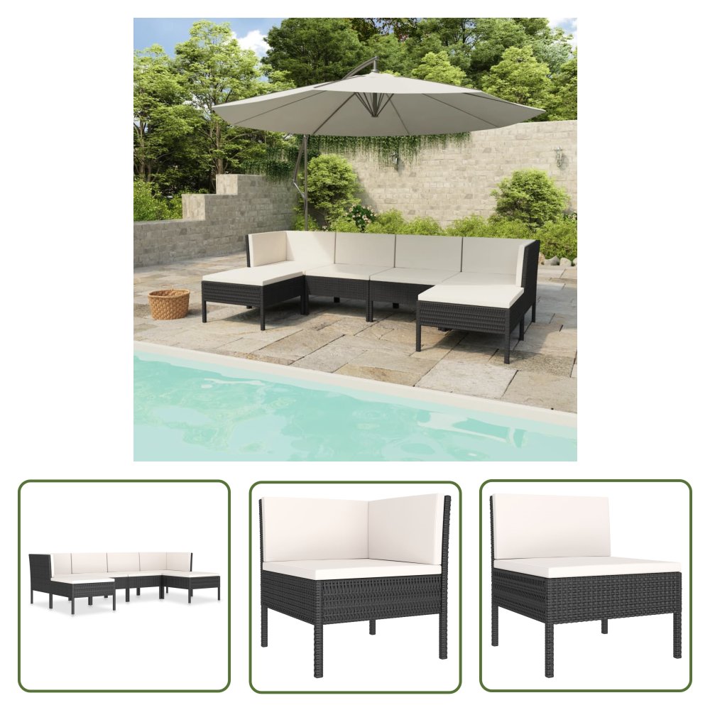 The Living Store 6-cz. zestaw wypoczynkowy do ogrodu - poduszki - czarny rattan PE - Zestaw Mebli Ogrodowych