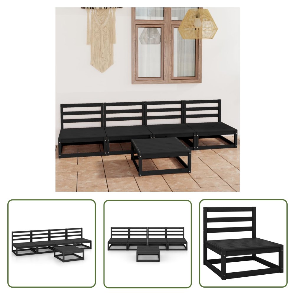 The Living Store 5-cz. zestaw wypoczynkowy do ogrodu - czarny - drewno sosnowe - Zestaw Mebli Ogrodowych