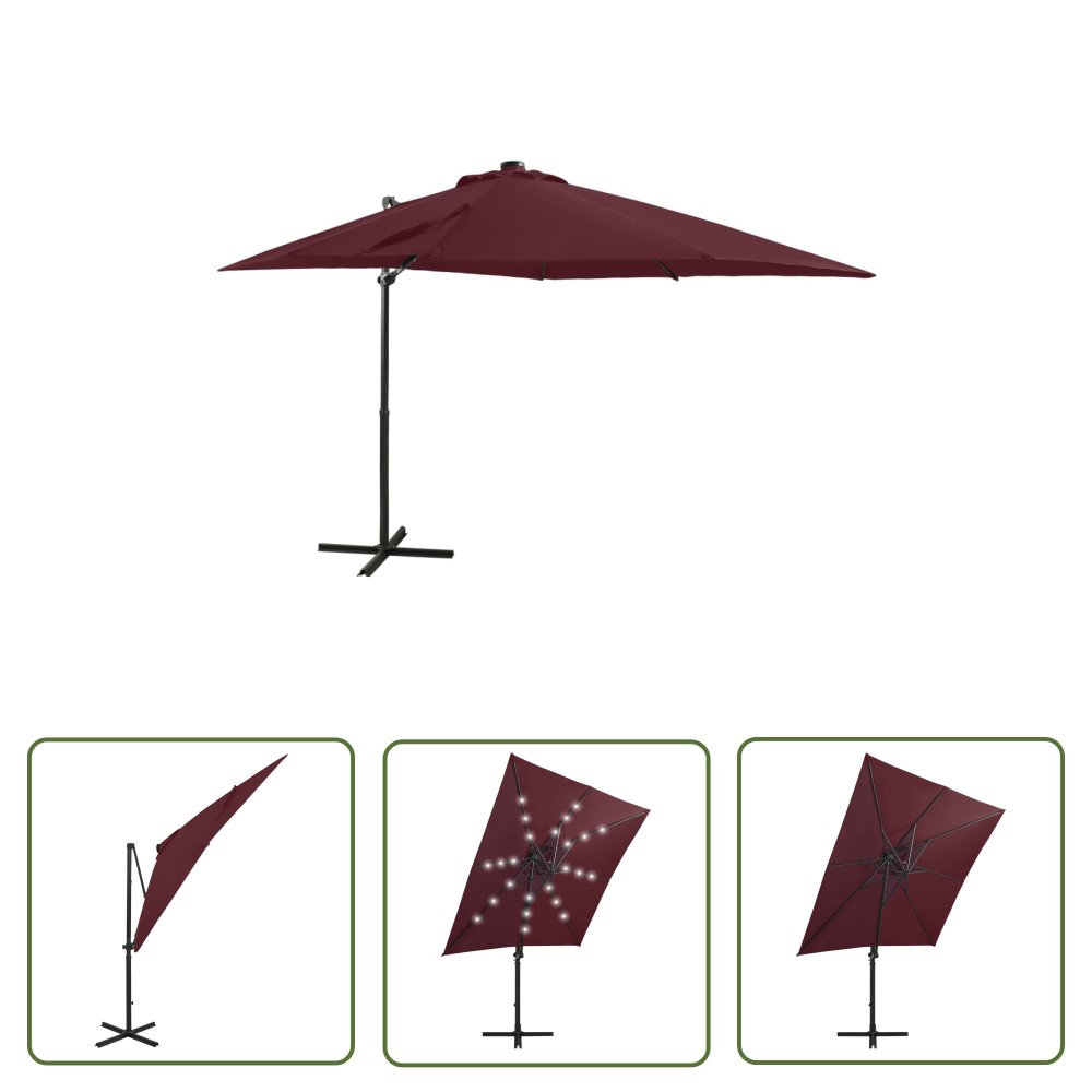 The Living Store Parasol wiszący z LED i słupkiem - bordowy - 250 cm - Parasol Wiszący