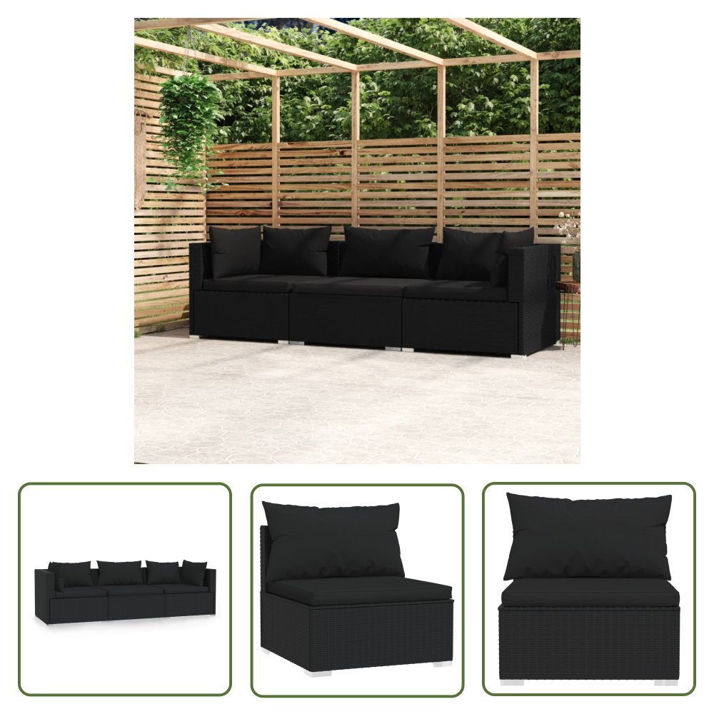 The Living Store 3-osobowa sofa z poduszkami - czarna - polirattan - Meble Ogrodowe