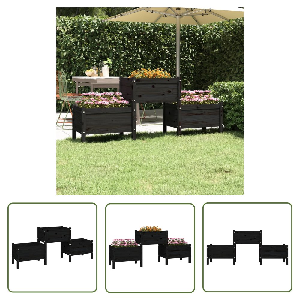 The Living Store Donica - czarna - 178 -5x44x75 cm - lite drewno sosnowe - Donica Ogrodowa