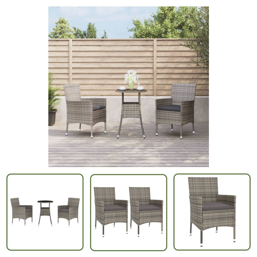 The Living Store 3-cz. zestaw mebli ogrodowych z poduszkami - szary - polirattan - Stolik I Krzesło