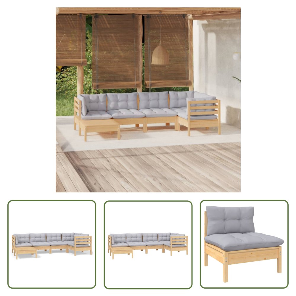 The Living Store 6-cz. zestaw wypoczynkowy do ogrodu - szare poduszki - sosna - Zestaw Wypoczynkowy Do Ogrodu