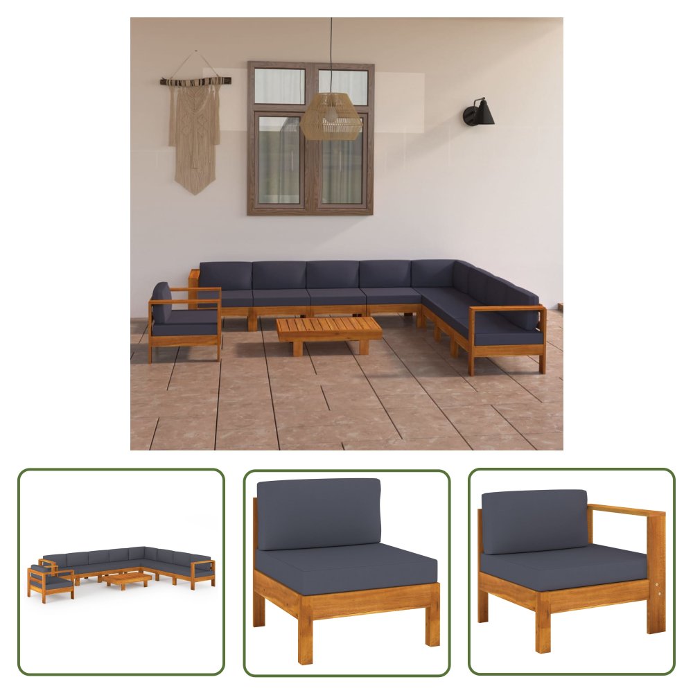 The Living Store 10-cz. zestaw mebli ogrodowych - ciemnoszare poduszki - akacja - Ogrodowy Zestaw Wypoczynkowy