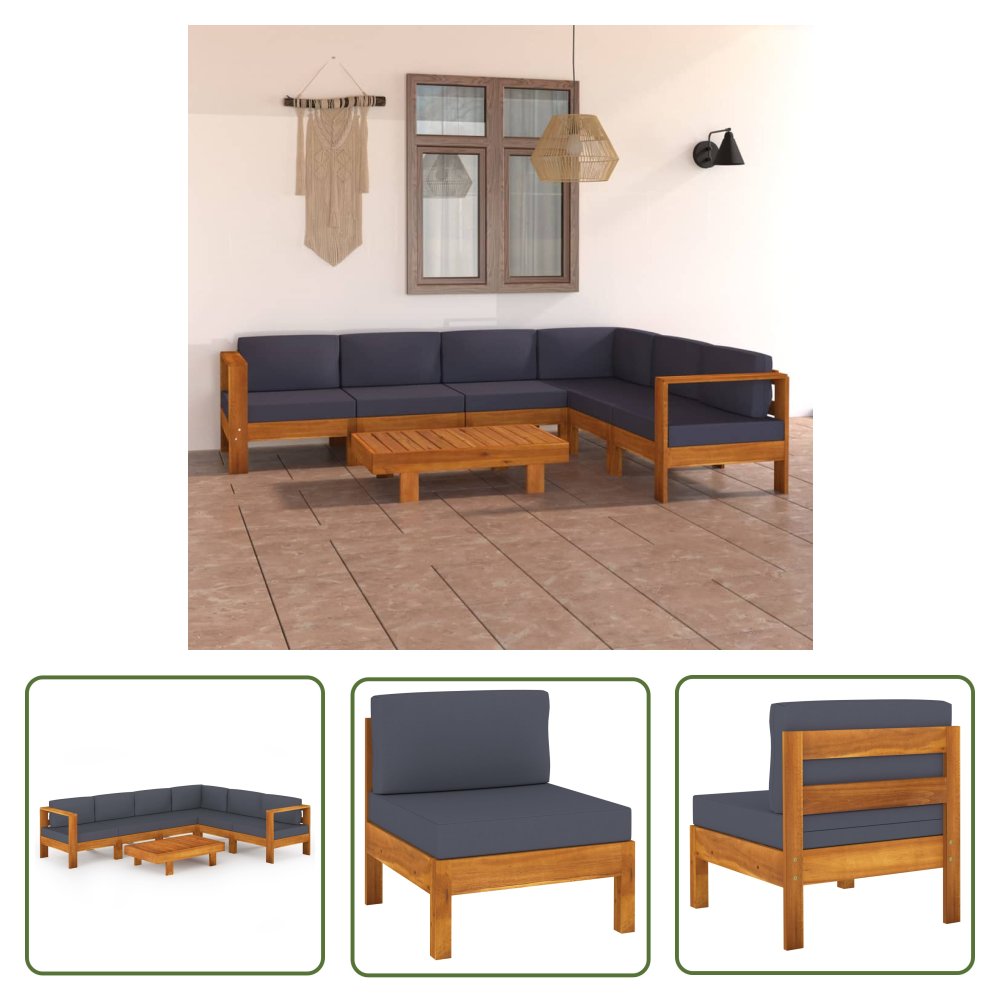 The Living Store 7-cz. zestaw mebli ogrodowych - ciemnoszare poduszki - akacja - Ogrodowy Zestaw Wypoczynkowy