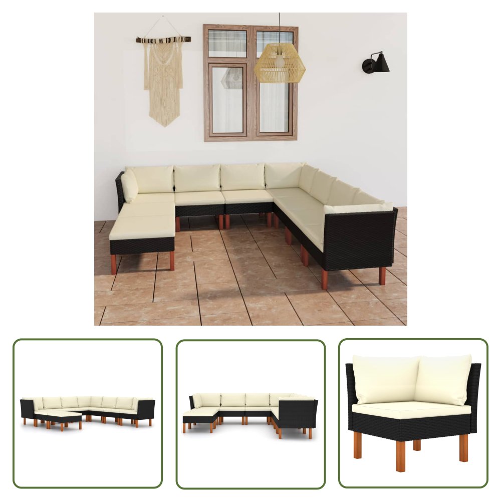The Living Store 9-cz. zestaw wypoczynkowy do ogrodu - poduszki - czarny rattan PE - Ogrodowy Zestaw Wypoczynkowy
