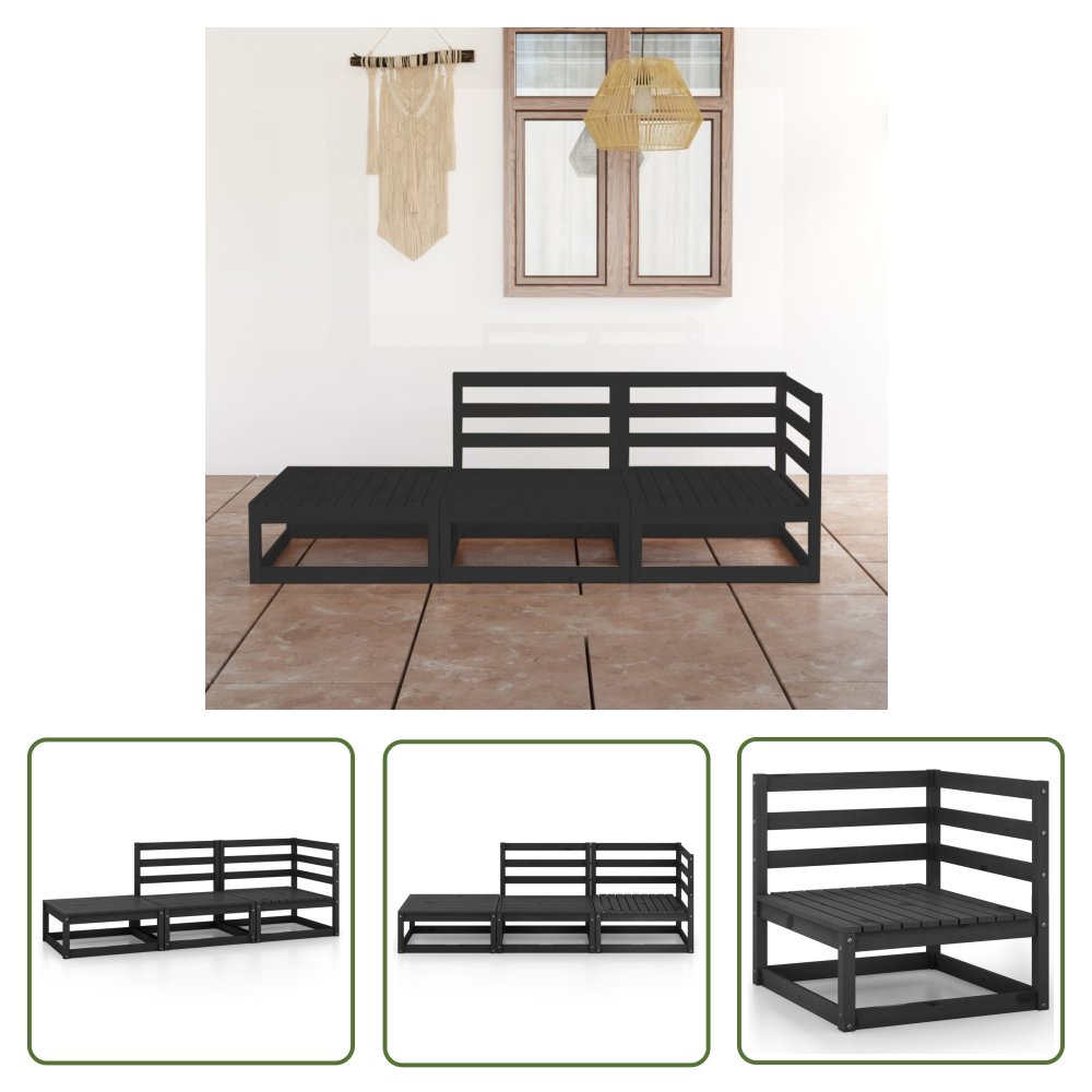 The Living Store 3-cz. zestaw mebli wypoczynkowych do ogrodu - czarny - sosnowy - Zestaw Mebli Ogrodowych