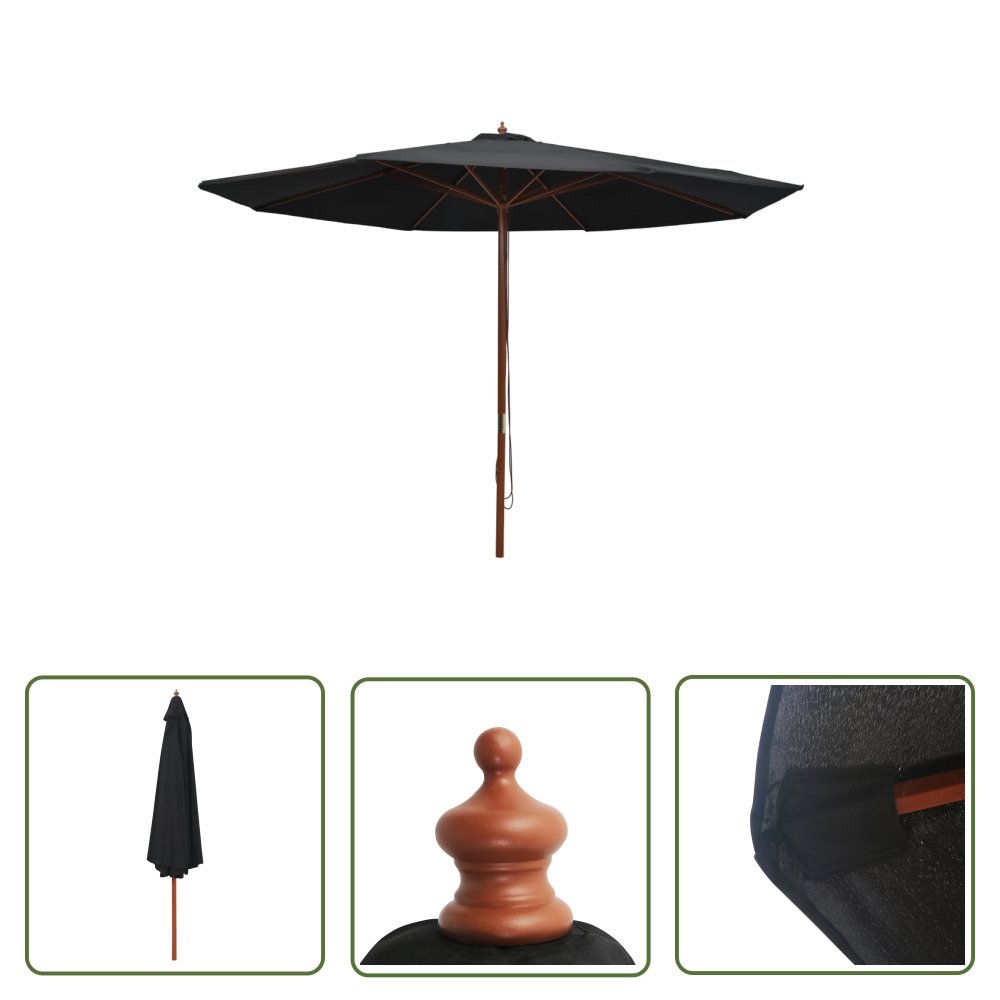 The Living Store Parasol ogrodowy na drewnianym słupku - 350 cm - czarny - Parasol