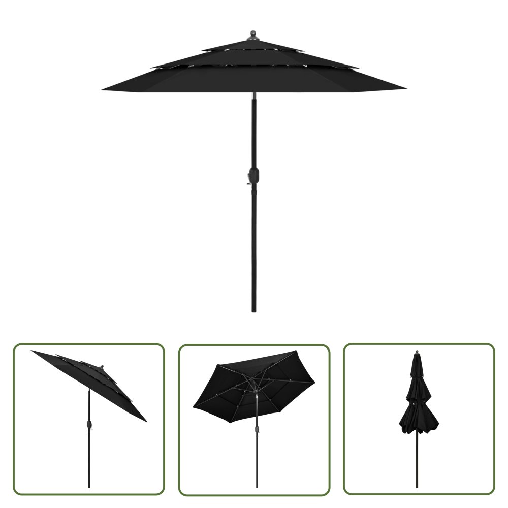 The Living Store 3-poziomowy parasol na aluminiowym słupku - czarny - 2 -5 m - Parasol Ogrodowy