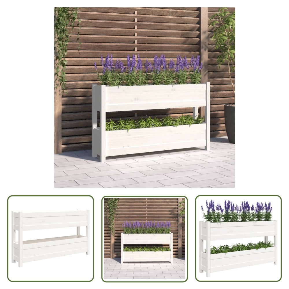The Living Store Donica - biała - 112x25x66 cm - lite drewno sosnowe - Donica Ogrodowa