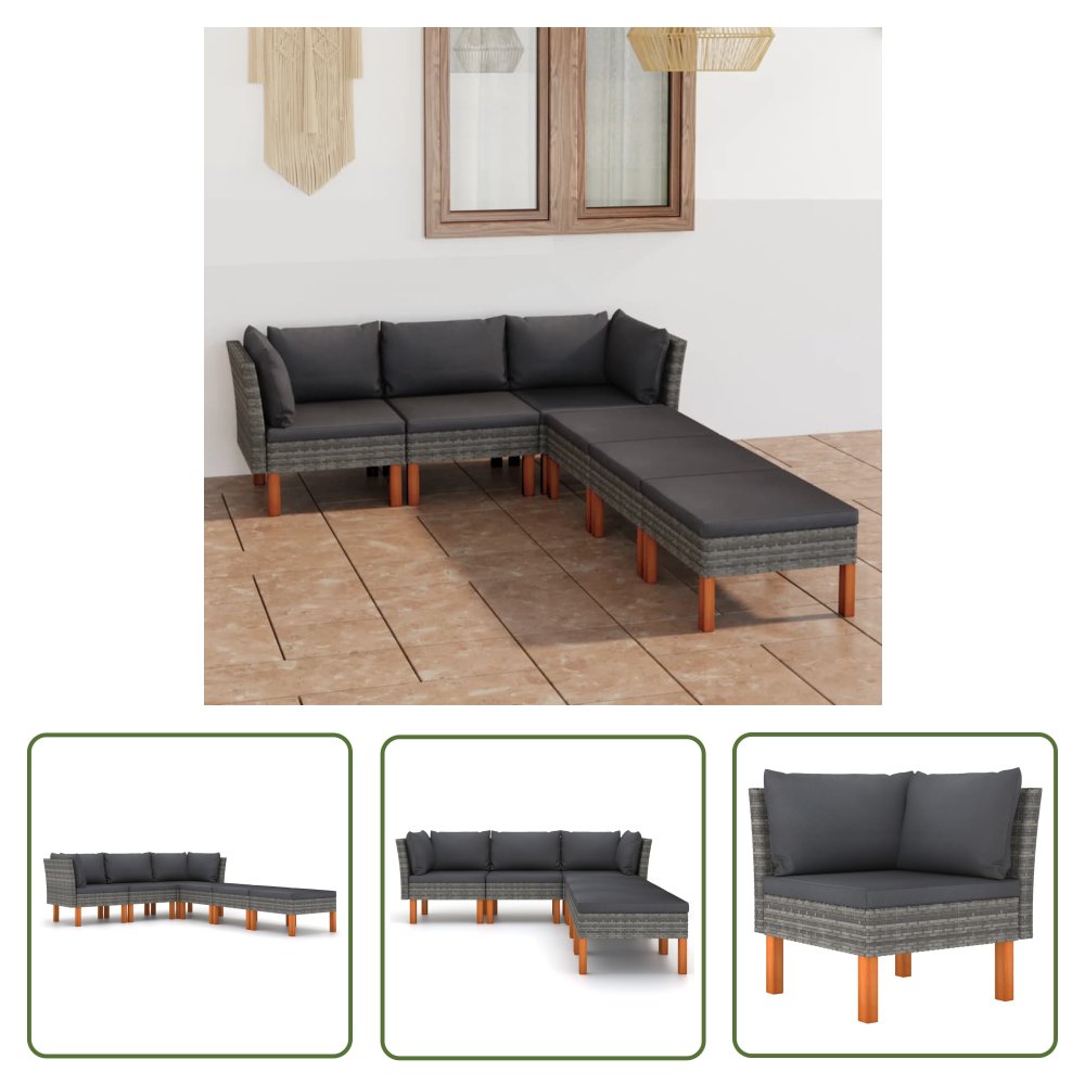 The Living Store 6-cz. zestaw wypoczynkowy do ogrodu - poduszki - rattan PE - szary - Ogrodowy Zestaw Wypoczynkowy