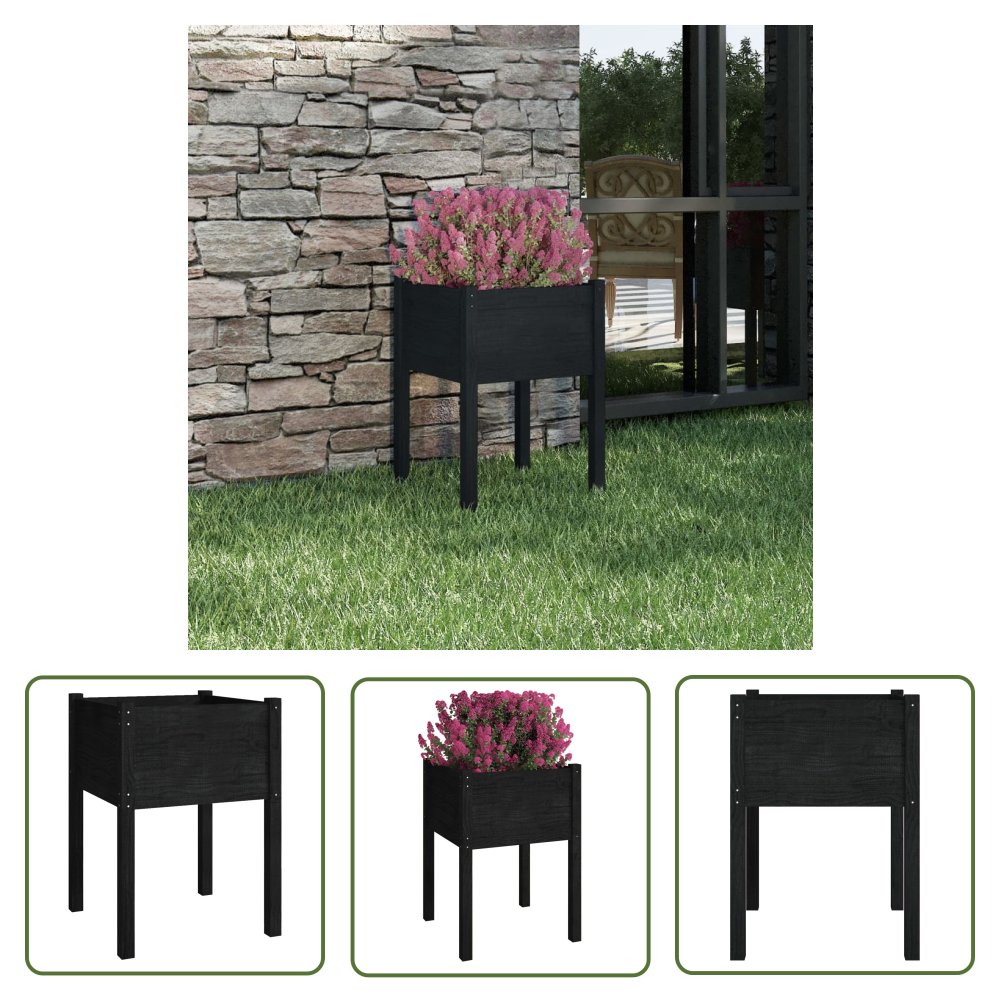 The Living Store Donica ogrodowa - czarna - 50x50x70 cm - lite drewno sosnowe - Podwyższona Donica