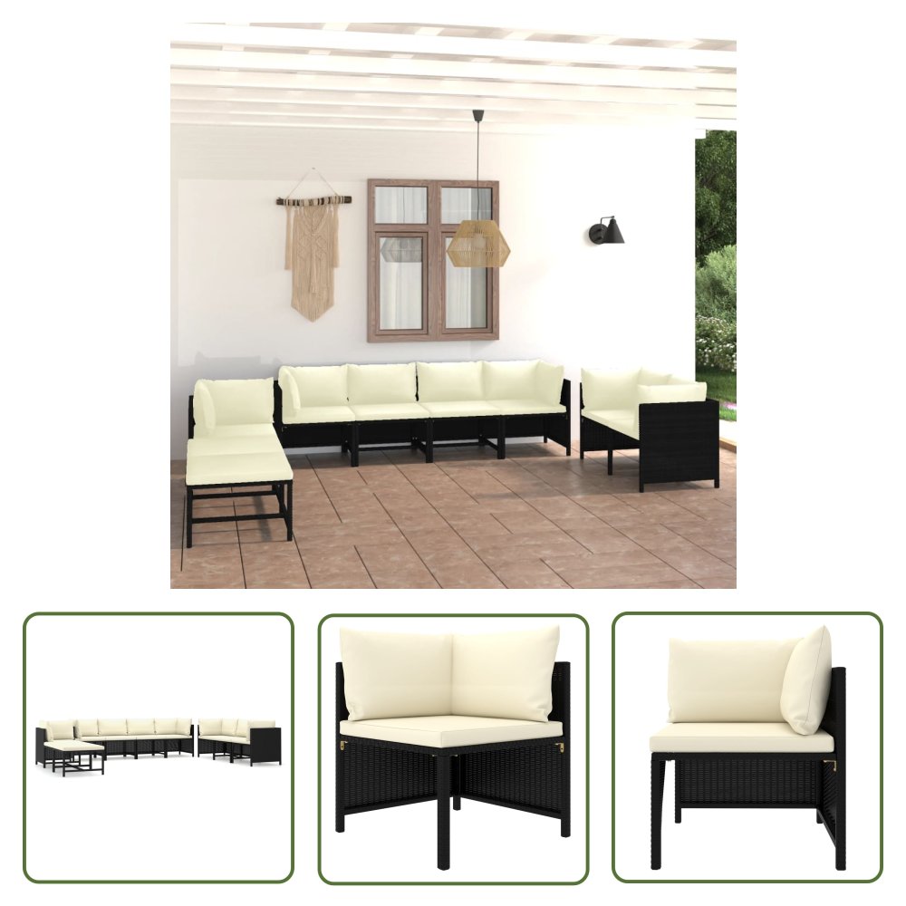 The Living Store 10-cz. zestaw mebli do ogrodu - poduszki - rattan PE - czarny - Ogrodowy Zestaw Wypoczynkowy