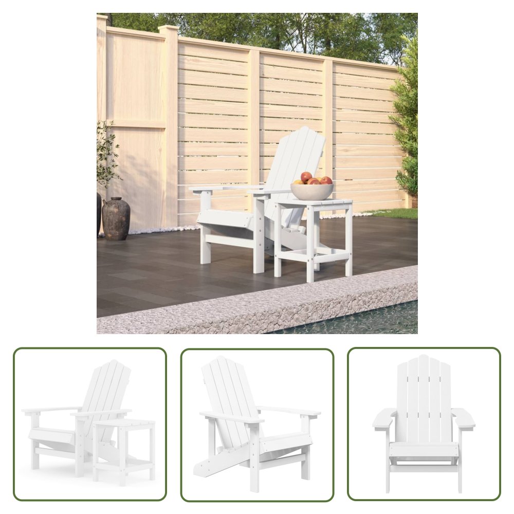 The Living Store Krzesło ogrodowe Adirondack ze stolikiem - HDPE - białe - Krzesło Ogrodowe