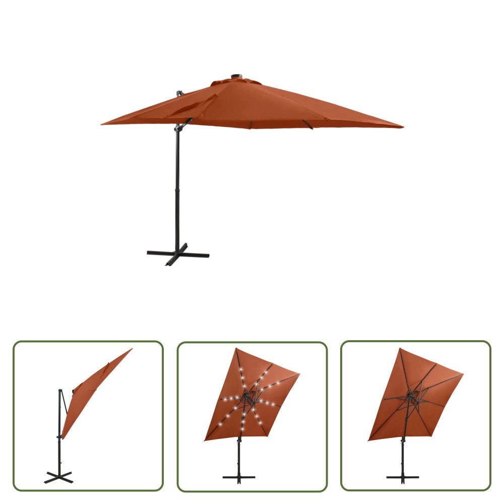 The Living Store Parasol wiszący z lampkami LED i słupkiem - terakota - 250 cm - Parasol Wiszący