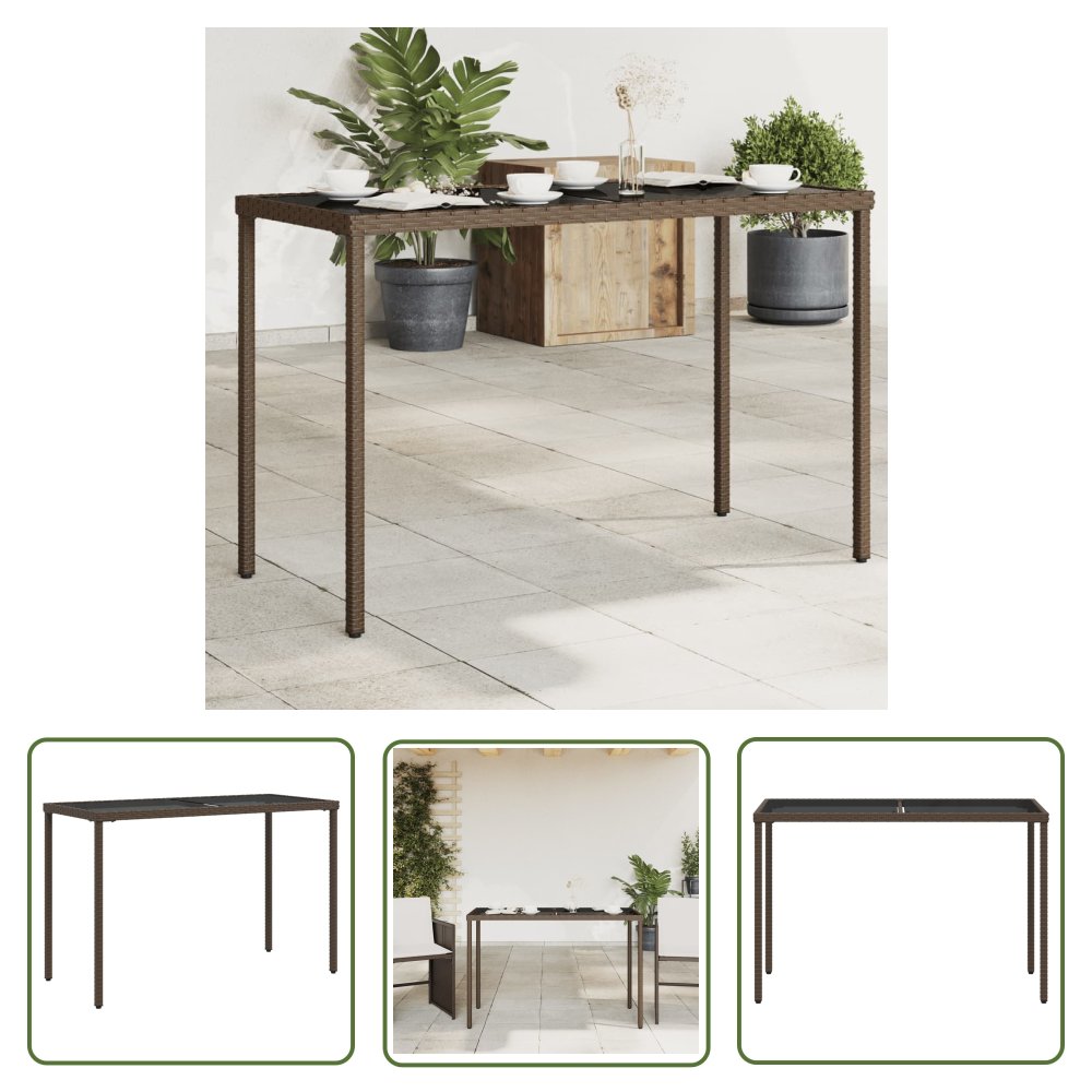 The Living Store Stół ogrodowy ze szklanym blatem - brąz - 115x54x74 cm - rattan PE - Stół Ogrodowy
